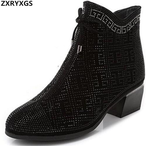 New Classic Autumn Winter Microfiber Suede Rhinestones Shoes Woman Ankle Boots Fashion Elegance Black Thick Heel Martin Boots