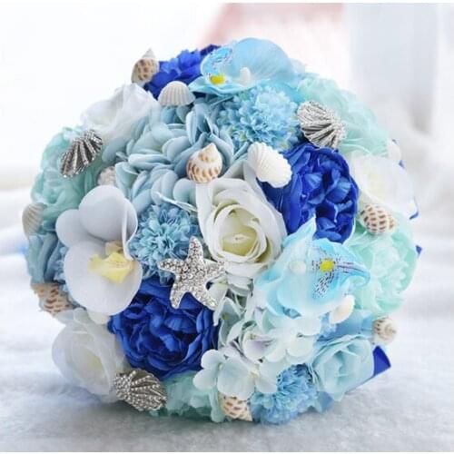 Ocean Blue 2019 New Bridal Wedding Bouquet Artificial Silk Rose Flowers Beach Bride Marriage Bridesmaid Handholds Bling Starfish