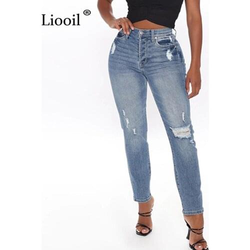 Liooil Sexy Hole Denim Distressed Jeans Women 2021 Mid Waisted With Button Zipper Pockets Female Deep Blue Washed Jean Pants