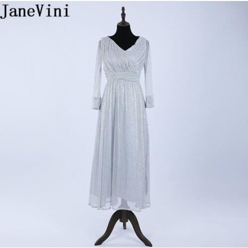 JaneVini Silver Glitters Mother of The Bride Dress for Wedding Party Khaki Long Sleeves V Neck Women Formal Evening Gowns 2020