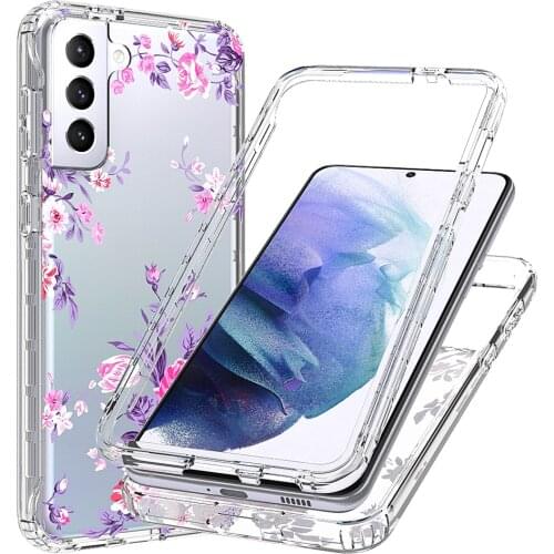 2 in 1 Clear Flower Case for Samsung Galaxy S21+ 5G S21 Plus SM-G996B Hard PC + Soft TPU 360 Full Protective Phone Back Cover
