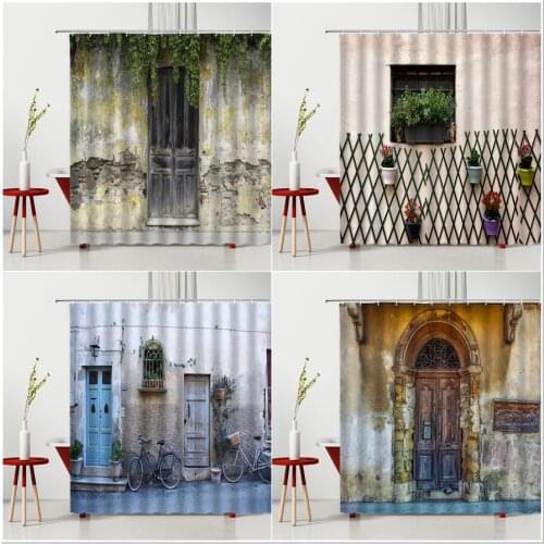 Retro Wooden Door Shower Curtain Vintage Shabby Gate Green Vine Polyester Bathroom Decor Bath Cloth Curtains Set With Hook
