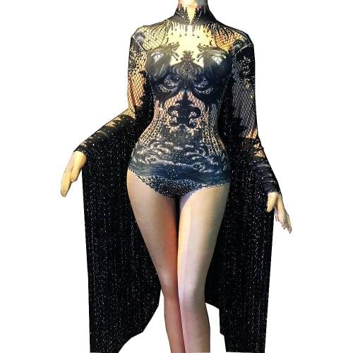 Pattern Printing Backless Bodysuit Women Long Tassel Sleeve Accessories Rhinestones Bodycon Lady Dance Costume Nightclub Outfit