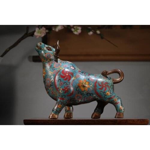 10" Tibet Buddhism Temple old bronze Cloisonne Bull statue Wall Street Bull Stock Bull Market Bull Statue Lucky fortune