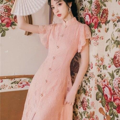 Chinese Style Traditional Midium Length Dress Women Elegant Qipao Sweet Vintage Improved Cheongsam Modern Chic Girl Dresses
