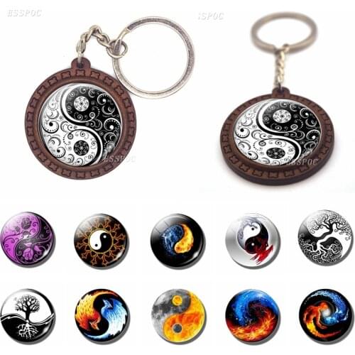Vintage Yin Yang Water Fire Brown Wooden Keychain Glass Cabochon Jewelry Tai Chi Dragon Pendant Women Men Car Key Ring Gift