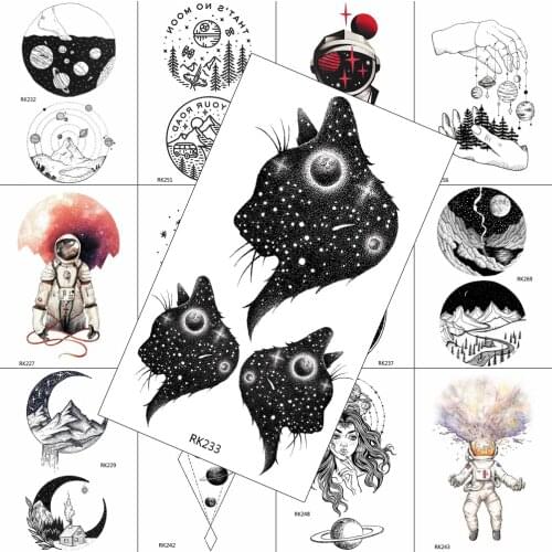Black Galaxy Cat Temporary Tattoos Sticker Fake Realistic Tattoos Body Art Chest Waterpoof Tattoo Decal For Men Women Holiday