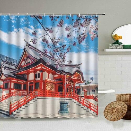 Chinese Style Retro Architecture Garden Cherry Blossom Shower Curtain Tourist Attraction Bathroom Bathtub Art Waterproof Screen