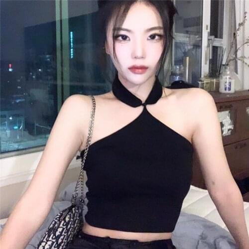 2021 Summer New Halter Tank Top Women Sexy Solid Backless Button Y2k Short Crop Tops Black High Street Ropa De Mujer