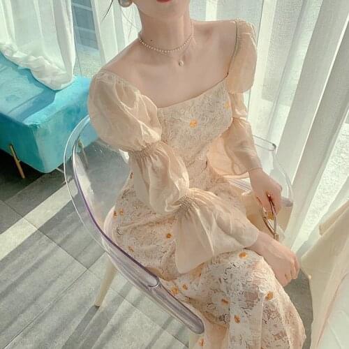 Bella Philosophy Wonder Print Floral Midi Dress Vintage Franch Female Lace Patchwork Dress Casual Square Collar Boho Vestidos