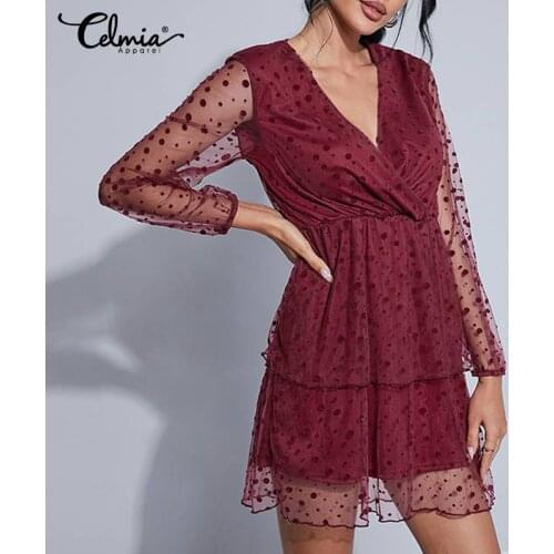 Women Polka Dot Waisted 2021 Summer Mini Dress Celmia See Through Mesh Plus Size Party Vestido Casual Sexy V Neck Short Sundress