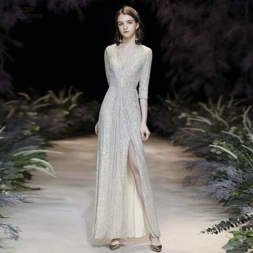 Prom Dresses V-Neck Dresses Woman Party Night Sequined Long A-Line Prom Dress