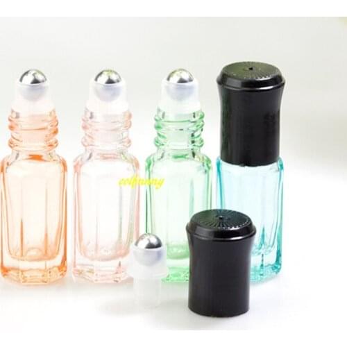 1200pcs/lot 3ml colorful Octagonal Glass Bottle Roll on Bottle Perfume Steel Roller Bottles Essential Oil Packaging container