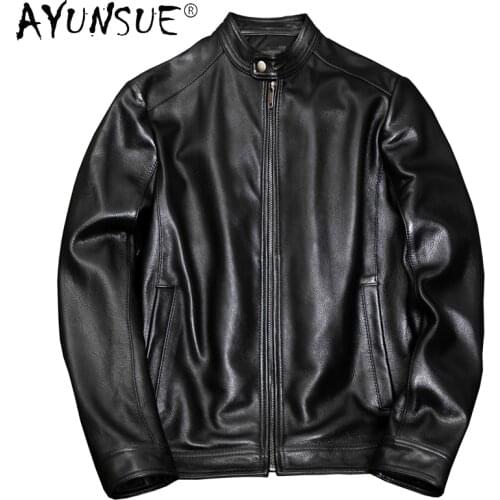 2021 Fashion Leather Jacket Men Slim Stand Collar Streetwear Motorcycle Autumn Men Clothing Cowhide Coats Veste Homme WPY3702