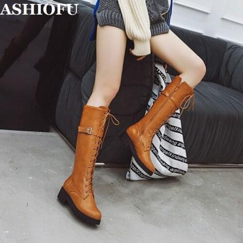 ASHIOFU Handmade Hot Sale 2020 New Womens Block Heels Boots Front-shoelace Sexy Rome Knee Boots Evening Winter Fashion Boots