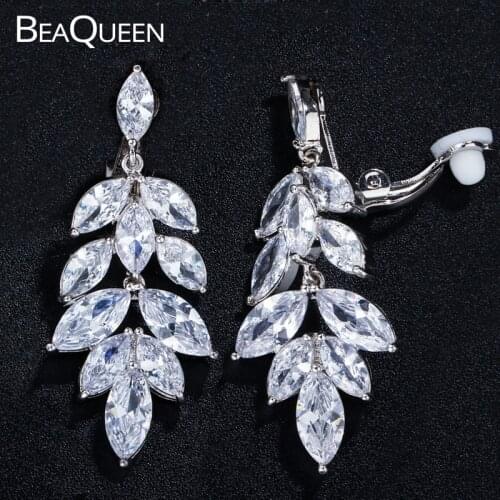 BeaQueen Elegant Non Pierced Clips Earrings High Quality Marquise Cubic Zirconia Stone No Hole Clip On Wedding Jewelry E204