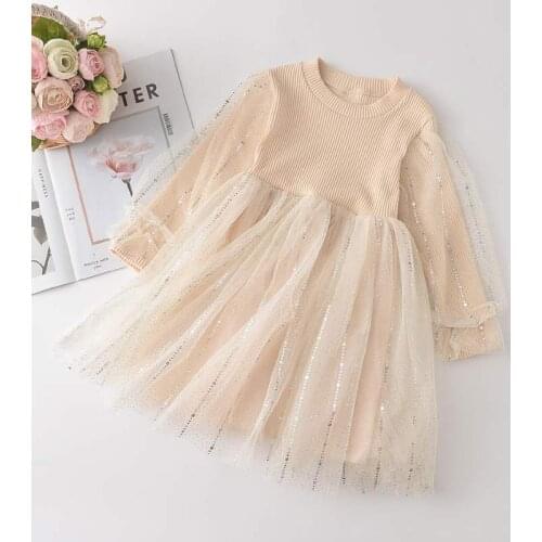 Bear Leader Girls Princess Party Dress 2021 New Autumn Fashion Kids Sweet Dress Baby Girl Knitted and Mesh Vestidos Cute Suits