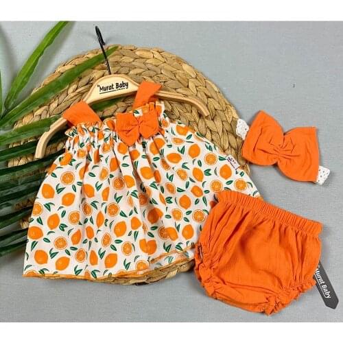 Baby Fruit Dress New Born Pink Yellow Orange Colors Available Fashion Trend Girl Kids Fabric Bow Tie 3 Piece Suit