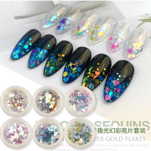 Nail Art Starry Sky Laser Sequin Irregular Aurora Symphony Laser Sequin Color Change 6 Pcs/set Acrylic Nail Powder