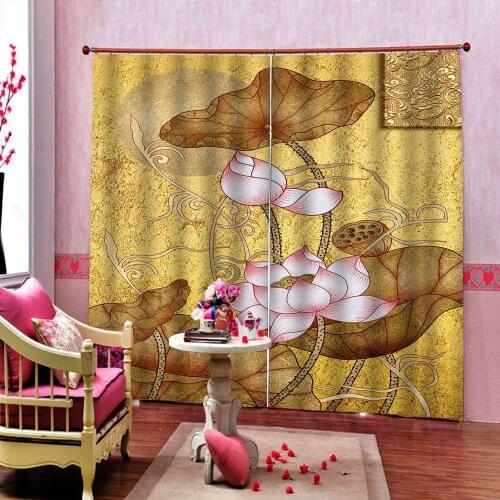 European Modern Lotus 3D Golden background Sunshade Window Curtains for living room bedroom Drapes ( left and right Side)