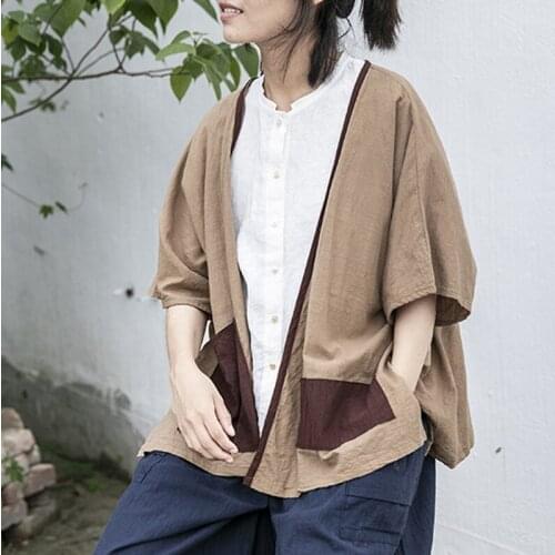 FairyNatural Ladies Pockets Cardigan Cotton Linen Tops 2021 Summer Autumn Female Chinese Style Vintage Shirts New Short Sleeve