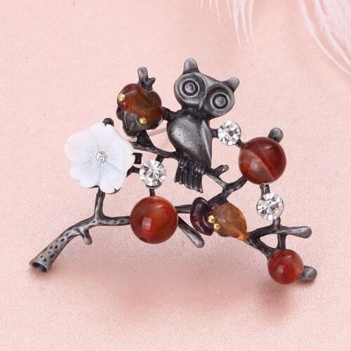 FARLENA Jewelry Vintage Natural stone Brooch Natural red green stone owl brooches for women accessories