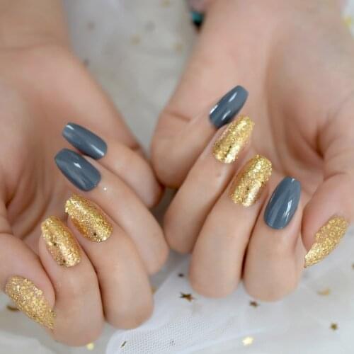 Glossy Golden Glitter Charms Shiney Simple Design Wouderful False Nails Gels Nails Wholesale Medium-Short Press On Coffin EchiQ
