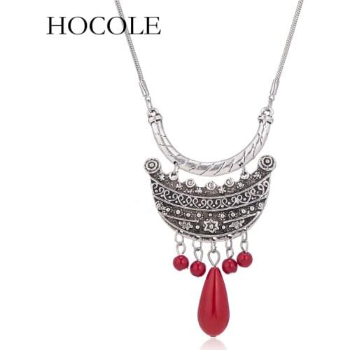 HOCOLE Fashion New Women Ethnic Style Red Beads Flowers Choker Necklace Vintage Snake Chains Statement Necklace Bohemia Jewelry
