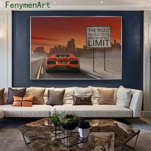 Retro Sports Car Canvas Painting Nordic Wall Art Picture Driving Car No Speed Limit Sign Poster Print Home Room Decor Unframed