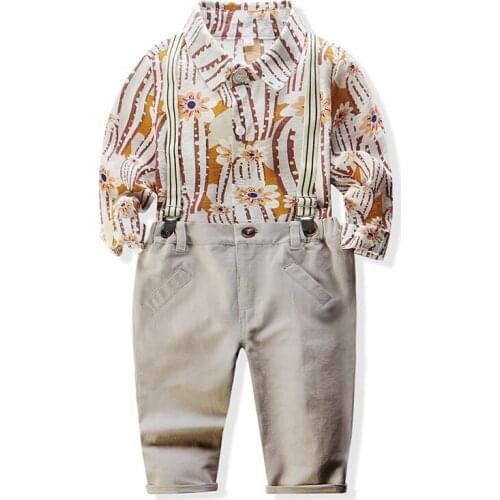 Baby Boy Clothing Set Autumn Newborn Gentleman Suit Long Sleeve Print Shirt+Suspender Pants Kids Cotton Formal Clothes
