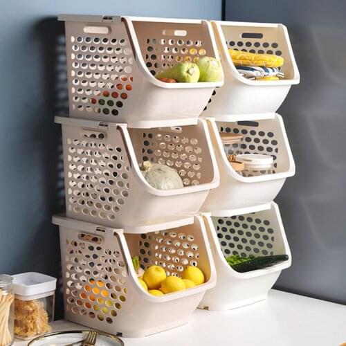 Storage Basket Kitchen Plastic Square Lattice Box Large Stackable Fruit Vegetable Basket Thickening Multi-Function Floor Shelf