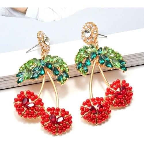 Hot Summer Cute Crystal Fruit Drop Earrings For Women Bijoux Cherry Shaped Rhinestone Earrings Statement Jewelry