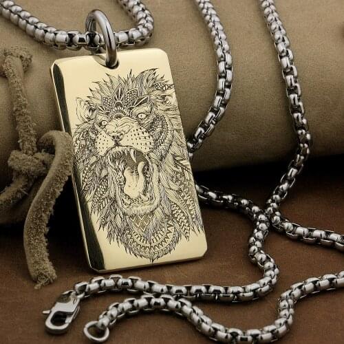 LINSION High Detail Laser Deep Engraved Brass Roaring Lion King Pendant Biker Rock Punk Style 9X024B Steel Necklace 24 inches