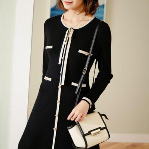 Bowknot is sweet New wind wool long hair dress show thin ladies knitted dress