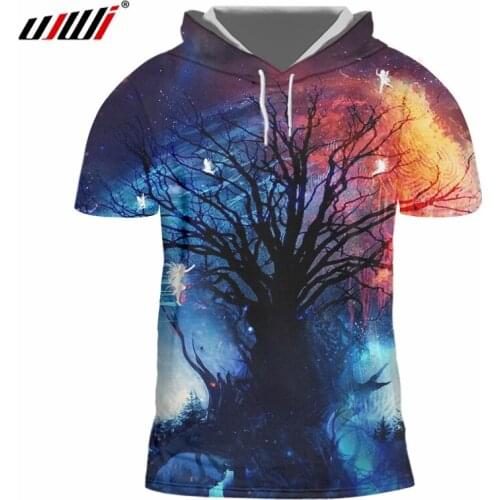 UJWI 2019 Man On Sale Popular Hooded Tshirt 3D Printed Colorful Starry Tree Summer Mens Short Tee Shirt Drop Shipping
