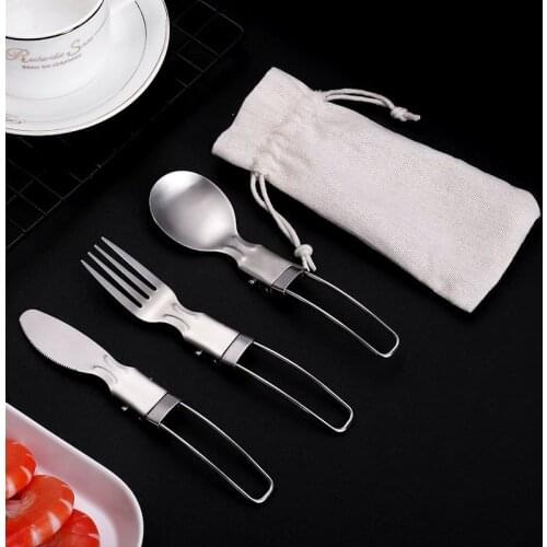 Outdoor frosted stainless steel folding tableware three piece travel portable folding knife fork spoon tableware