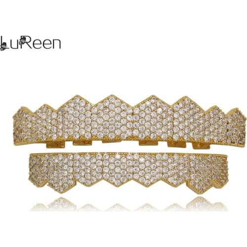 LuReen Bling AAA Cubic Zircon Gold Silver Color Iced Out Crystal Teeth Grillz Top Bottom Grills Set Tooth Cap Body Jewelry