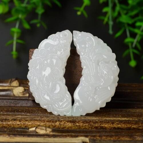 A Pair Of Lovers Chinese White Jade Hand-carved Dragon And Phoenix Pendant