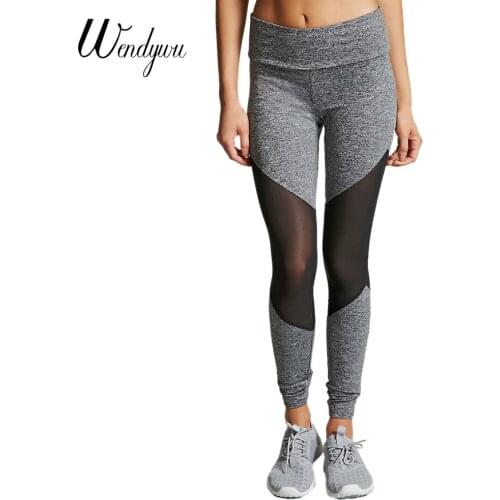 Wendywu Women Casual Slim Black Mesh Gray Patchwork Stretch Mid Waist Bodycon Leggings