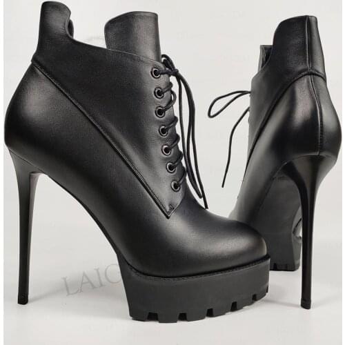 LAIGZEM Top Quality Women Ankle Platform Boot Genuine Leather Stiletto Heels Zip Boots Frauen Stiefe Shoes Woman Size 40 42