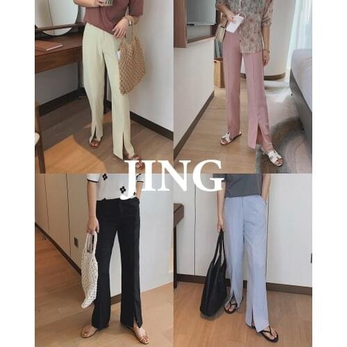 2021 Women Pink Pencil Flare Wide Leg Pants Split Hem Trouser Za Woman Y2k Clothing Urban Capris Jeans Sets With Aesthetic Egirl