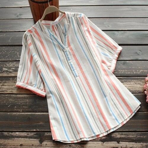Cotton 100% Striped Women Shirts Summer Vintage 2021 Straight Casual All Match Female Pulls Tops