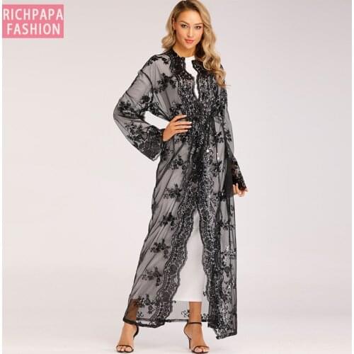 Plus Size Long Kimono Mujer 2019 Sexy Dubai Abaya Muslim Women Embroidery Chiffon Mesh Cardigan Blouse Roupas Feminina Clothes