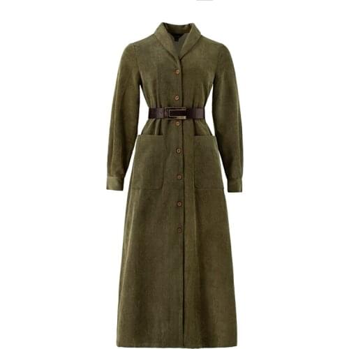 PERHAPS U Women Army Green Maxi Dress Shawl Collar Long Sleeve Empire Vintage Dress Coduroy Pocket Button D2204