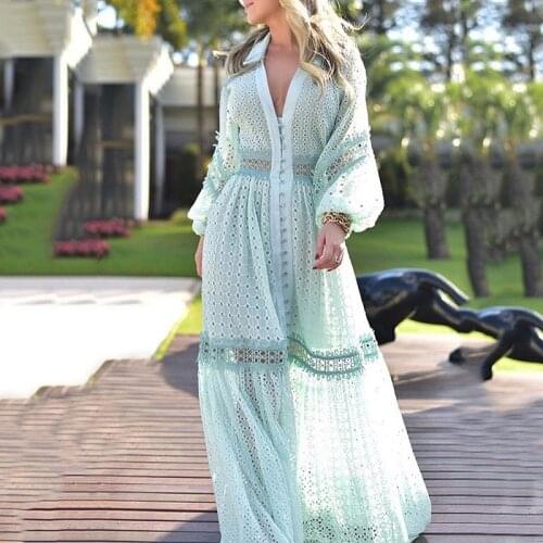Heavy Embroidery Women Patchwork Dress Fashion V-Neck Cutwork Lantern Sleeve Dresses 3250
