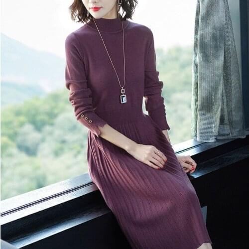 Winter Fall Casual Women Turtleneck Buttons Pleated Black Purple Beige Knitted Sweater Dress , 2017 Knit Long Dress For Woman
