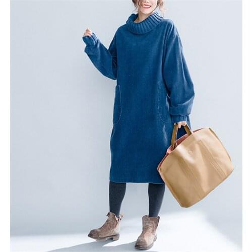 2019 Women Retro Corduroy Dress Autumn Spring Turtleneck Loose Slim Dress Female Large Size Casual Solid Color Dresses L215