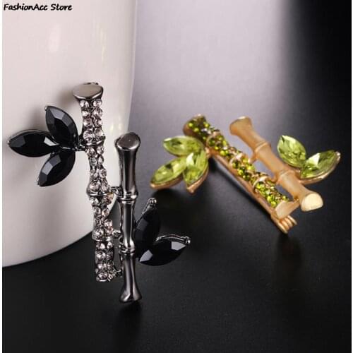 1 Pc Chinese Style Metal Bamboo Zircon Unisex Brooch Pin CZ Crystal Rhinestone Plant Shaped GarmentAccessory