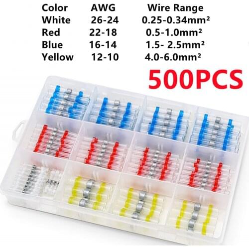 500Pcs Heat Shrink Butt Crimp Terminals Waterproof Solder Seal Electrical Connectors Wire Cable Splice Kit Automotive Marine Set