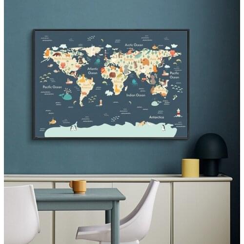 Childrens animal world map diamond painting 5D diy gift Nordic poster childrens room living room decor early education gift